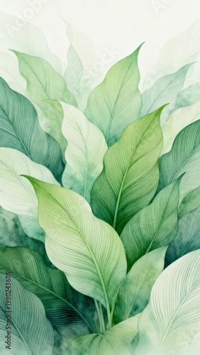 Serene Green Foliage Watercolor: Soft Botanical Illustration on Off-White Background