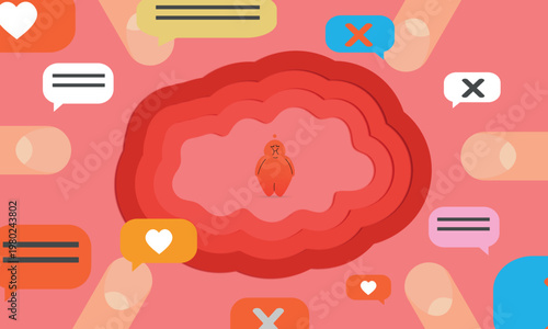 Social media pressure and emotional stress concept with abstract brain and notification icons. Illustration shows influence of messages, likes, and online communication on mental health. Perfect for d