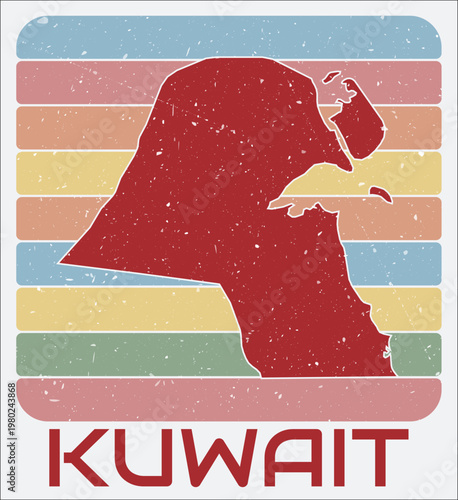 Kuwait vintage logo. Shape of the country on retro colored stripes background. Kuwait map design with grunge scratch texture. Vector illustration.