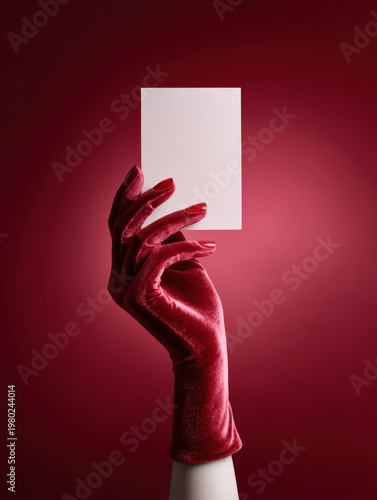 A gloved hand elegantly presents a blank card against a vibrant red backdrop, a symbol of mystery, sophistication, and anticipation.