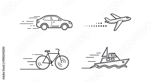 Diverse Transportation Methods Icons: Car, Airplane, Bicycle, Boat