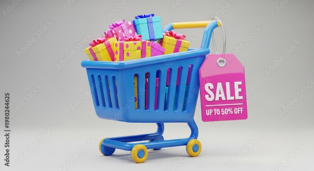 Fototapeta premium Shopping cart filled with colorful products.