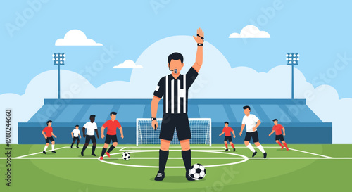 Football match with referee and players on field under blue sky and stadium lights