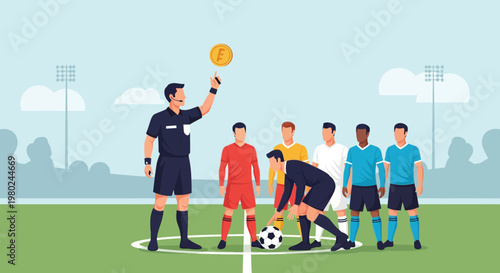 Referee starts soccer match as players gather around center field before kickoff