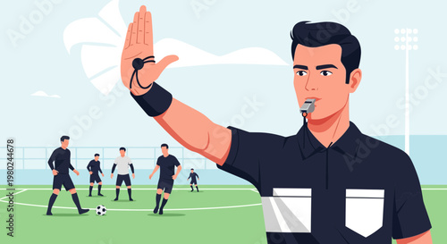 Referee signals during a soccer match on a sunny day at a sports field with players preparing for a game