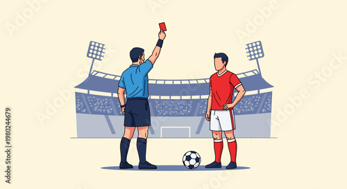 Referee shows red card to player during soccer match in stadium with lights on