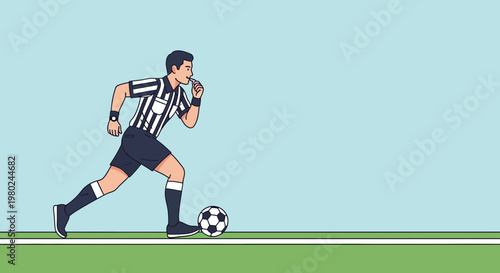 Referee runs on the field during a soccer match while signaling to players in a clear sky