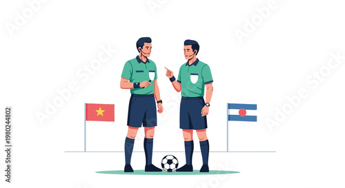 Referees discussing soccer rules near flags of Vietnam and South Korea during a match preparation