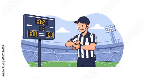 Referee checks the time during a match at a stadium with a scoreboard showing scores and time