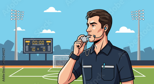 Referee using a whistle on a sports field at the end of a close soccer match with a tied score