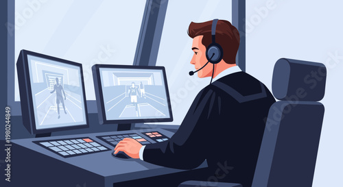 Person sits at desk using two computer screens for monitoring activity in a control room setting