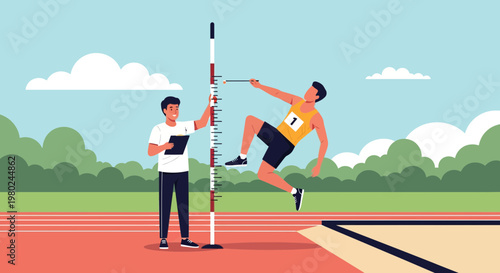 High jumper in competition with coach measuring performance during outdoor track event