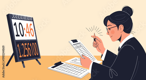 Woman works at desk with clock showing time and numbers on a screen