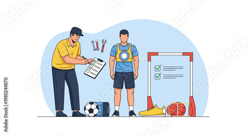 Coach checks player equipment and readiness before training session at a sports facility