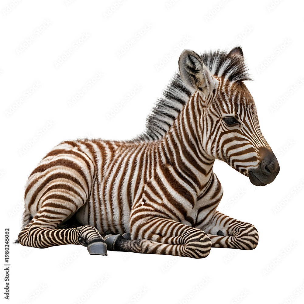 Obraz premium A baby zebra lies down on a transparent background looking peaceful