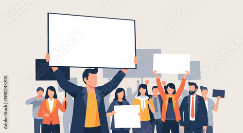 Pixel Art Crowd Protest Man Holding Blank White Sign Banner