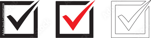 Check mark icons in black red and line art on white background