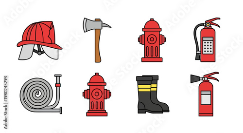 Flat vector illustration depicting a firefighter's equipment, including a helmet, axe, hose, boots, fire hydrant, and extinguisher, arranged against a clean white background with a bright