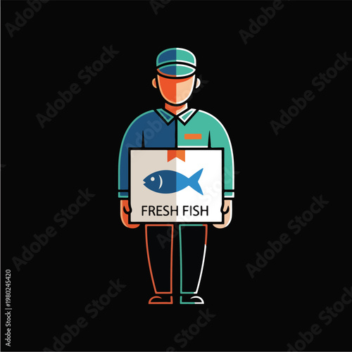 Pixel Art Delivery Worker Holding Fresh Fish Box Isolated Black Background