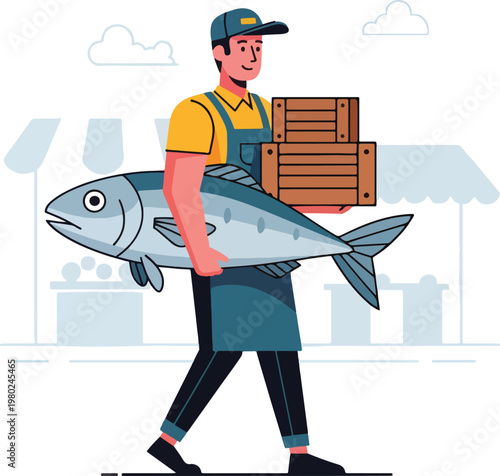 Pixel Art Delivery Man Carrying Huge Fish And Wooden Crates In Market