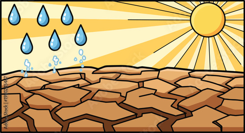 Pixel Art Desert Drought Scene With Bright Sun And Small Rain Drops