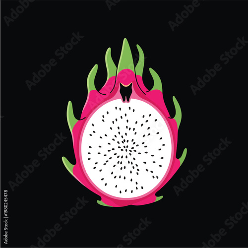 Pixel Art Dragon Fruit Cross Section Minimal Vector On Black Background