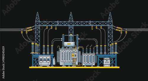 Pixel Art Electric Substation Power Grid Transformation On Black