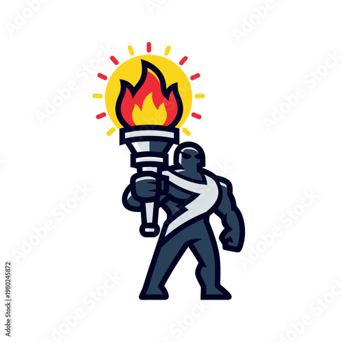 Strong figure holding a burning torch with bright flames.