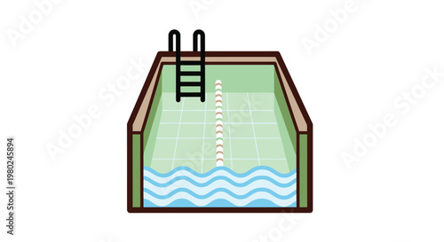 A simple illustration depicts a rectangular swimming pool with a ladder and water waves
