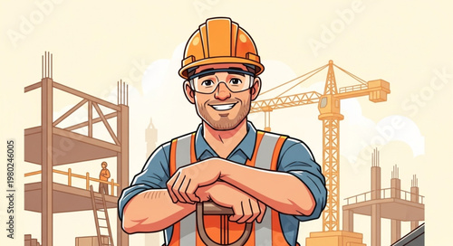 Smiling Construction Worker Wearing Hard Hat And Safety Vest.