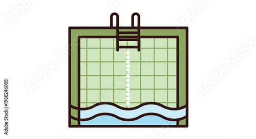 A simplified top down illustration of a rectangular swimming pool with a ladder and water ripple
