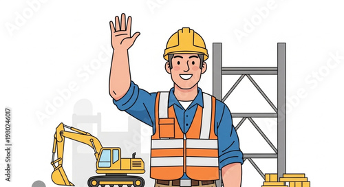 Smiling Construction Worker Waving Wearing Hardhat And Safety Vest.