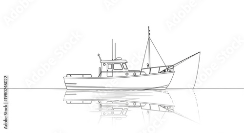Small fishing boat line drawing simple vessel sketch.