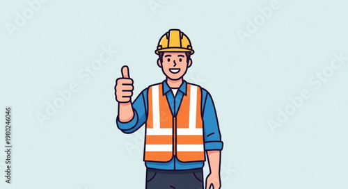 Smiling Construction Worker Wearing Hardhat And Vest Giving Thumbs Up.