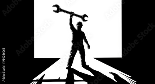 Bild auf Leinwand Silhouette Worker Holding Large Wrench Overhead.