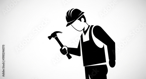 Silhouette Construction Worker Holding Hammer Tool.