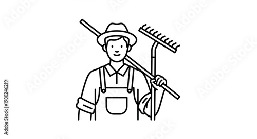 Smiling Farmer Holding Rake Wearing Overalls And Hat.