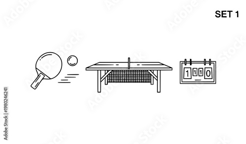 Title:
Table tennis equipment line icons set with ping pong paddle ball table and net in simple outline style for web design