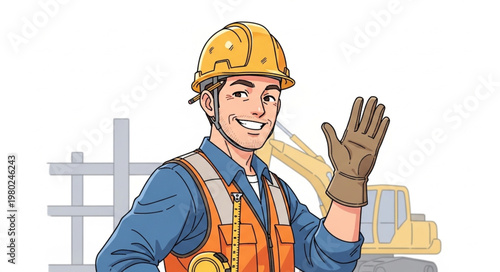 Smiling Male Construction Worker Waving In Safety Gear.