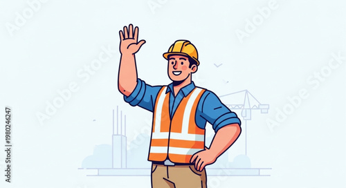 Smiling Construction Worker Wearing Safety Vest And Helmet.