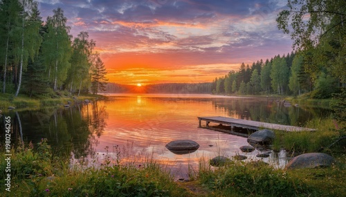 Sunset over a serene lake