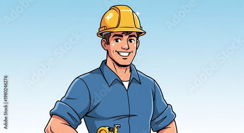 Smiling Construction Worker Wearing Safety Helmet And Toolbelt.