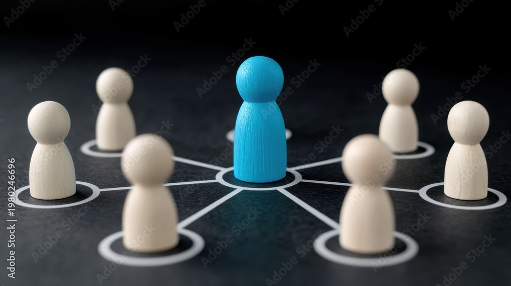 Obraz premium Blue Wooden Figure Surrounded by White Figures Illustrating Leadership and Team Dynamics in a Creative Setting