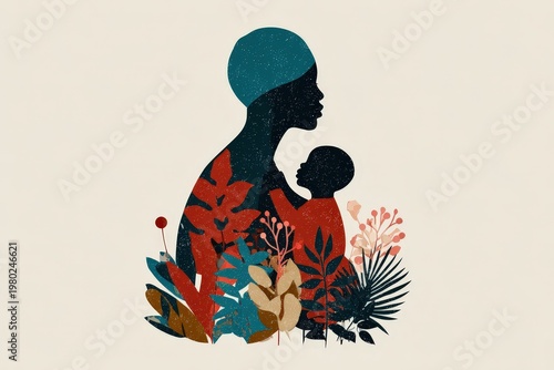 Mother holds child against colorful plants in a simple art piece created to represent love and connection in nature