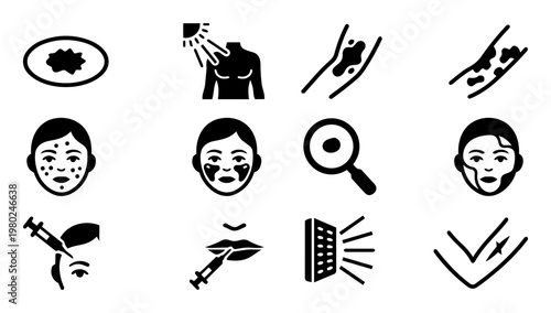 Skin Conditions Silhouette Set, Dermatology Diagnosis and Treatment Icons, Acne Psoriasis Eczema Medical Vector