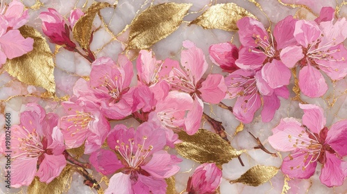 Bright pink flowers with gold leaves on a marble background showing a blend of nature and elegance