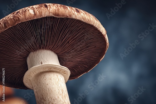 Mushroom with a large cap and visible gills grows in a natural setting under soft light conditions