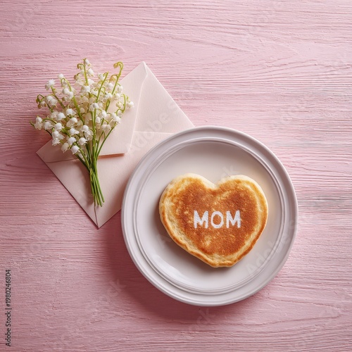Heart-shaped pancake with mom written on it and flowers on a pink table