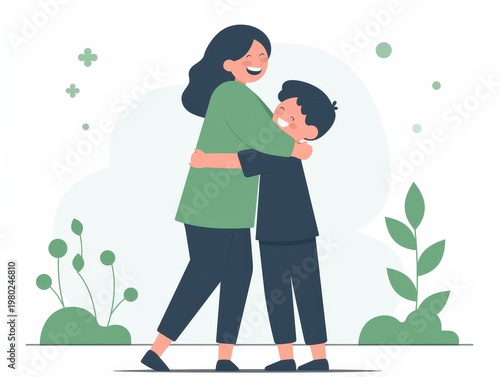 Mom and son share a happy hug in a green space with plants and light background