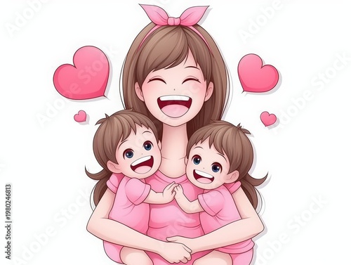 Mother hugs two children happily with hearts around them in a cheerful setting